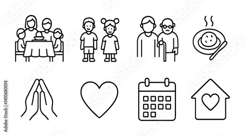 Family and social icons: dining, children, seniors, meals, prayer, love, calendar, home.