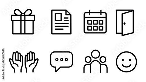 Simple icons: gift, document, calendar, door, hands, speech bubble, group, smile.