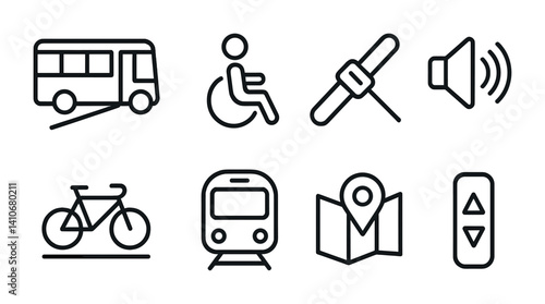 Transportation and accessibility icons: bus, wheelchair, seatbelt, sound, bicycle, train, map, remote.
