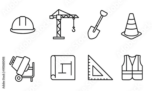 Construction tools and equipment icons: hard hat, crane, shovel, traffic cone, cement mixer, blueprint, triangle, vest.