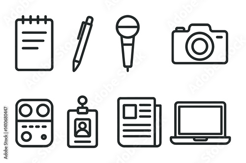 Set of journalism icons: notepad, pen, microphone, camera, recorder, id, newspaper, laptop.