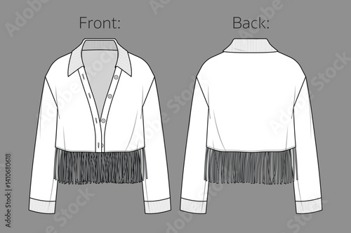 Vector v neck long sleeved jacket fashion CAD, woman crop cardigan with ribbed edges, fringe technical drawing, template, flat, sketch. Knitted fabric top with buttons, front, back view, white color