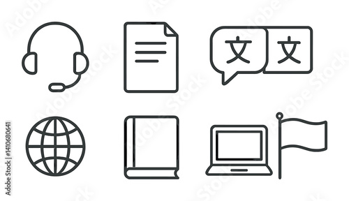 Outline icons for communication translation and technology.