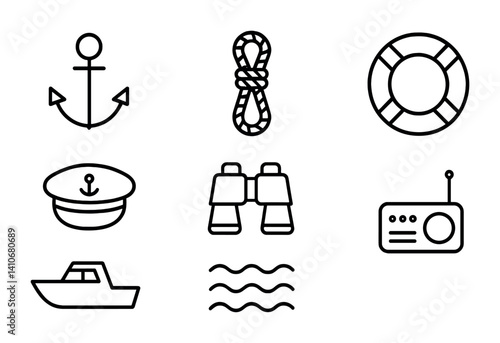 Nautical icons set: anchor, rope, lifebuoy, captain hat, binoculars, radio, boat, waves.