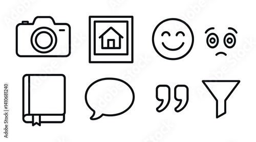 Black and white icons: camera, home, emojis, book, speech bubble, quotes, funnel.