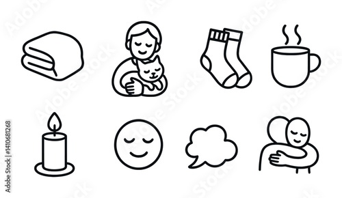 Minimalist cozy symbols: blanket, pet hug, socks, hot drink, candle, smiley, thought bubble, embrace.