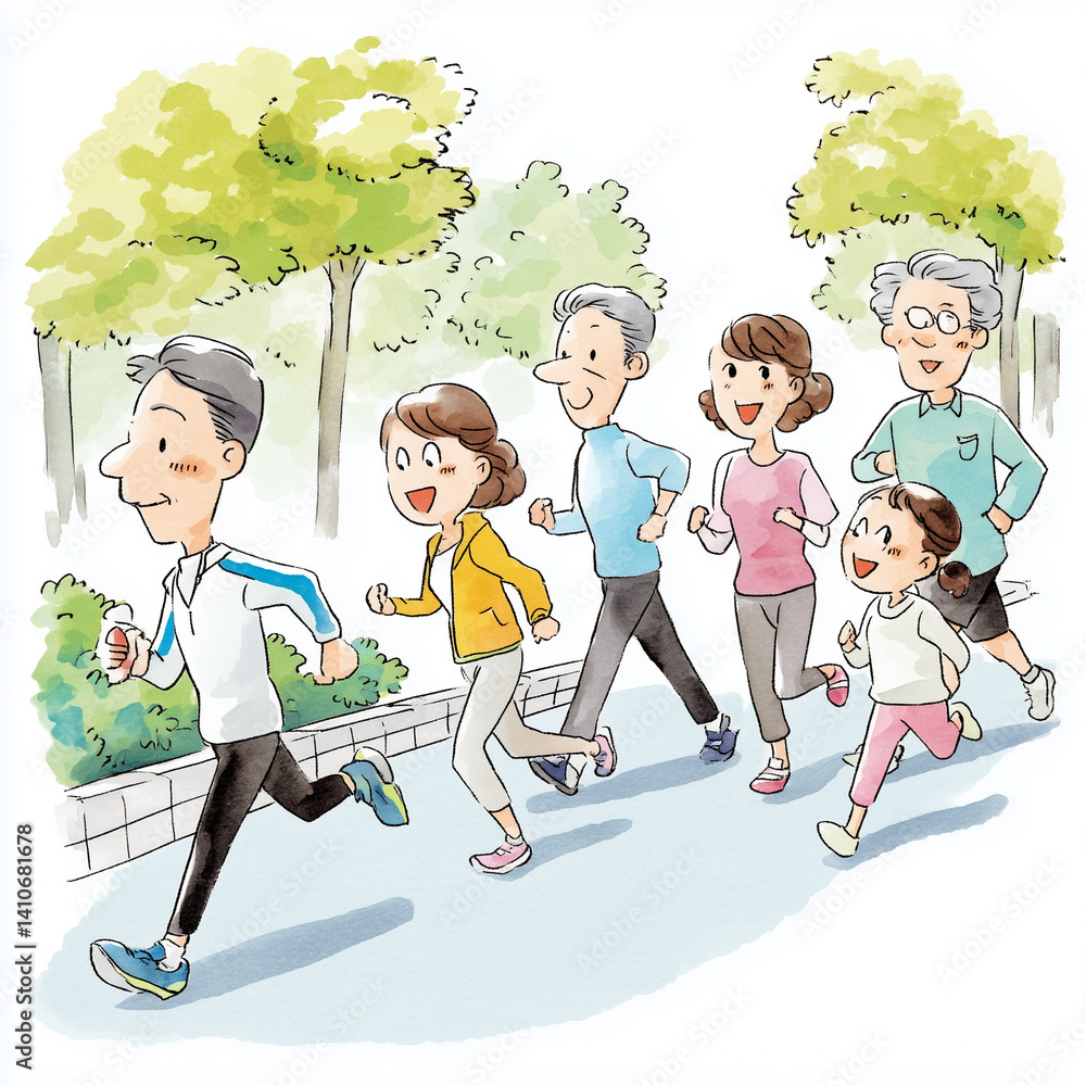 senior, oma, opa, papa, mama, mann, frau, kinder, laufen, rennen, running, joggen, bewegung, gesund, laufsport, cartoons, junge, kind, kind, abbildung, familie, vektor, kind, leute, kind, frau, lehran