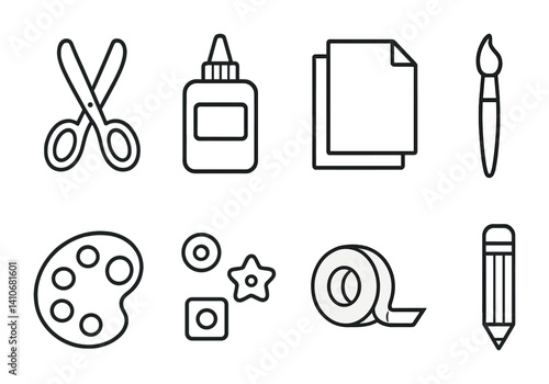 Art and craft tools collection: scissors, glue, paper, brush, palette, tape, pencil icons.