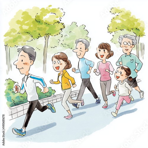 Obraz na płótnie senior, oma, opa, papa, mama, mann, frau, kinder, laufen, rennen, running, joggen, bewegung, gesund, laufsport, cartoons, junge, kind, kind, abbildung, familie, vektor, kind, leute, kind, frau, lehran w salonie
