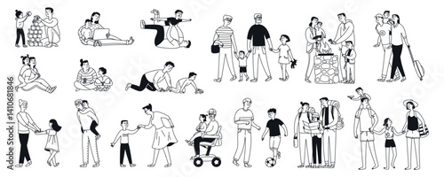 Big set of grandparents and grandchildren, parents and children, vacation together. Active games and communication, trip. Isolated doodle