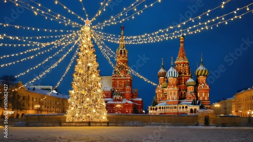 A festive winter scene featuring a decorated Christmas tree and St. Basil's Cathedral in Moscow.