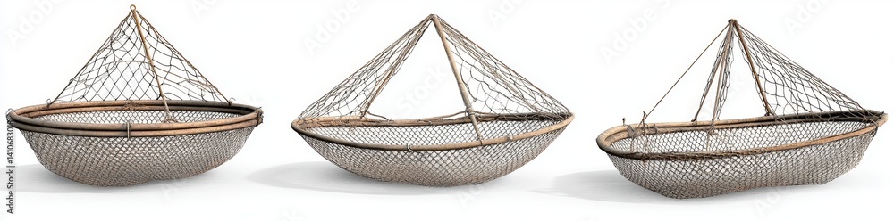 Obraz premium Four traditional fishing nets hang alone on a plain white background