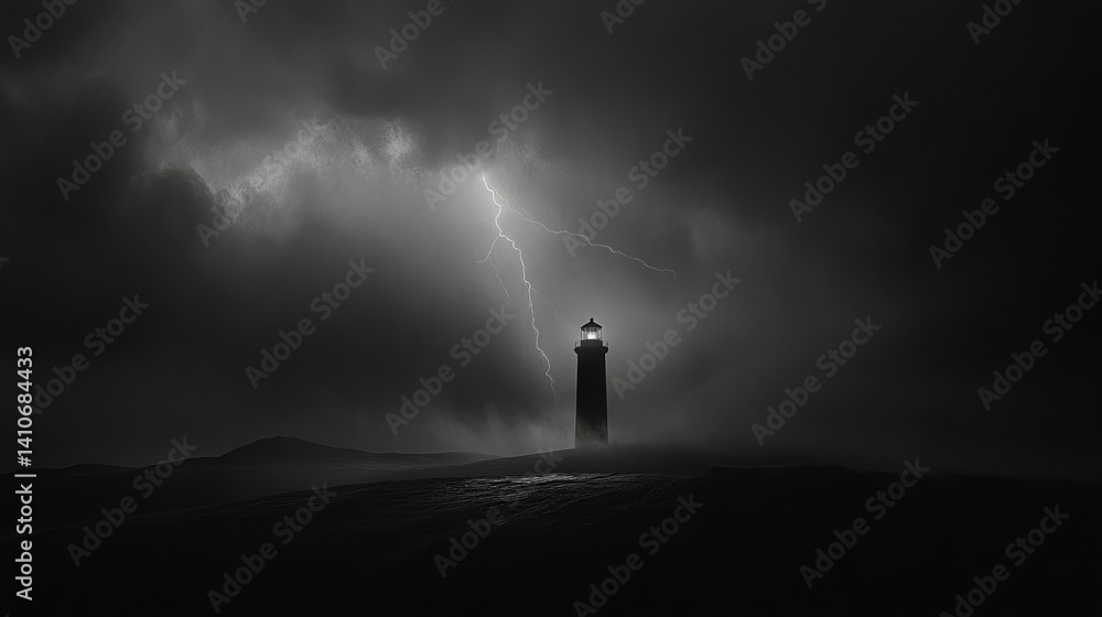 Fototapeta premium Dramatic lighthouse silhouette against a dark stormy night sky with lightning sea fog hope rock wind