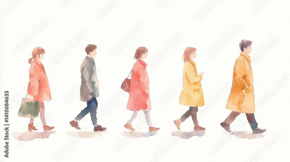 Naklejka premium A crowd of people engaged in conversation is depicted in a colorful watercolor painting with soft silhouette profiles on a white background
