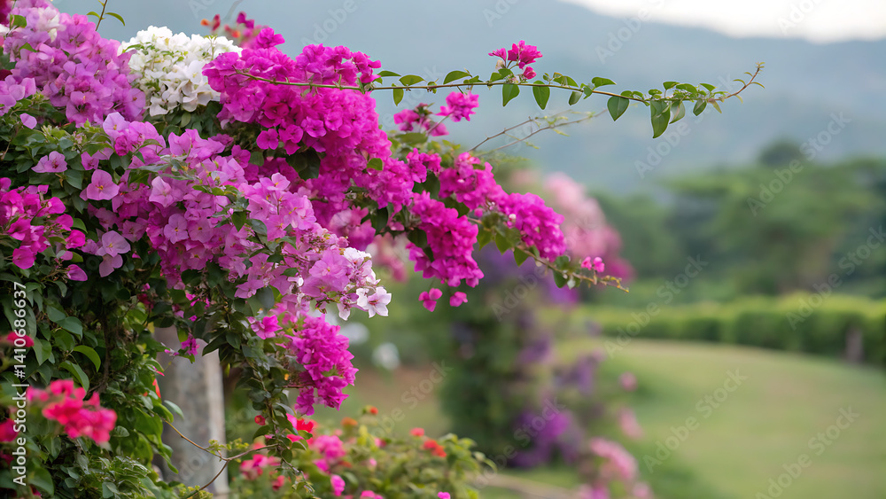 Obraz premium Bougainvillea glabra, the lesser bougainvillea or paperflower,[3] is the most common species of bougainvillea used for bonsai.[4] The epithet 'glabra' comes from Latin and means 