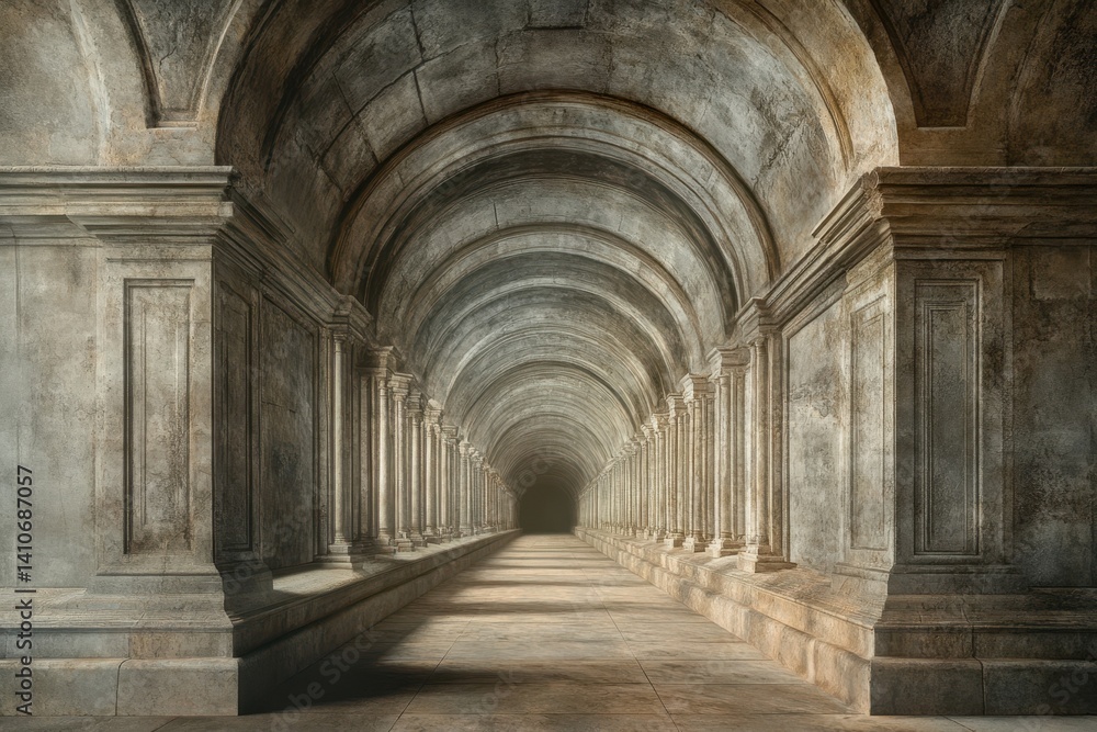 Majestic stone corridor with arches and pillars leading to a dark tunnel Majestic stone corridor with arches and pillars leading to a dark tunnel