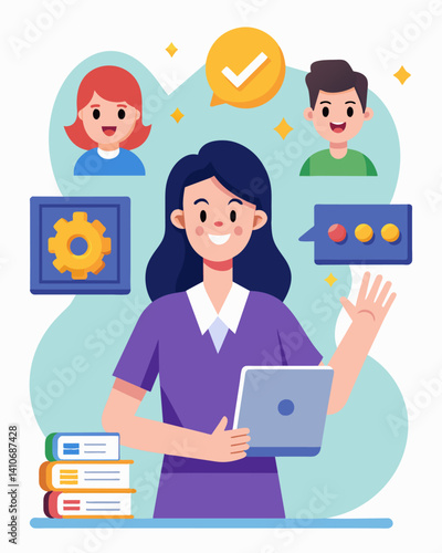 A teacher enthusiastically explaining how she incorporated gamification into her coding curriculum resulting in increased engagement and understanding a her students.. Vector illustration