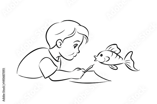 Boy Drawing Fish Line Art Black And White Illustration Child Artist Creative Expression Simple Design Young Talent Artistic Hobby