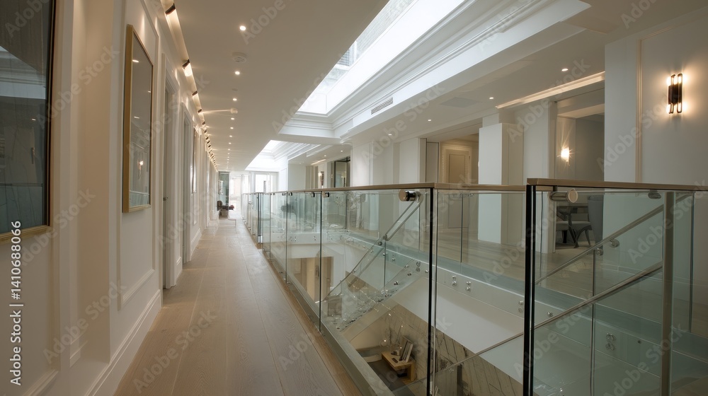 Obraz premium Modern upper-floor corridor with glass balustrades 