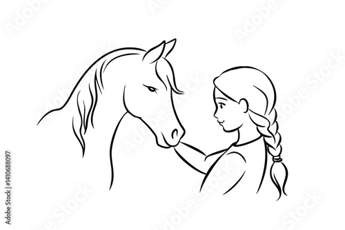Girl With Horse Head Vector Line Art Illustration Minimalist Design Showing Connection And Friendship Equine Theme Suitable For Coloring Books
