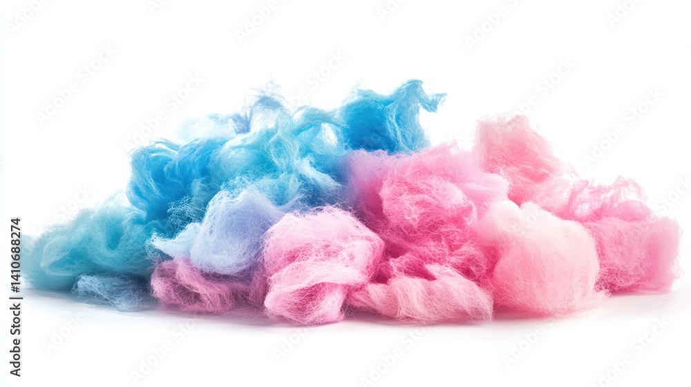 A colorful pile of cotton candy, soft and fluffy, isolated on a white background A colorful pile of cotton candy, soft and fluffy, isolated on a white background
