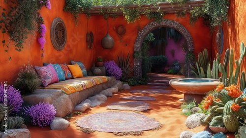 Wallpaper Mural Exotic Oasis Retreat with Colorful Cushions Cacti and Lush Greenery Torontodigital.ca