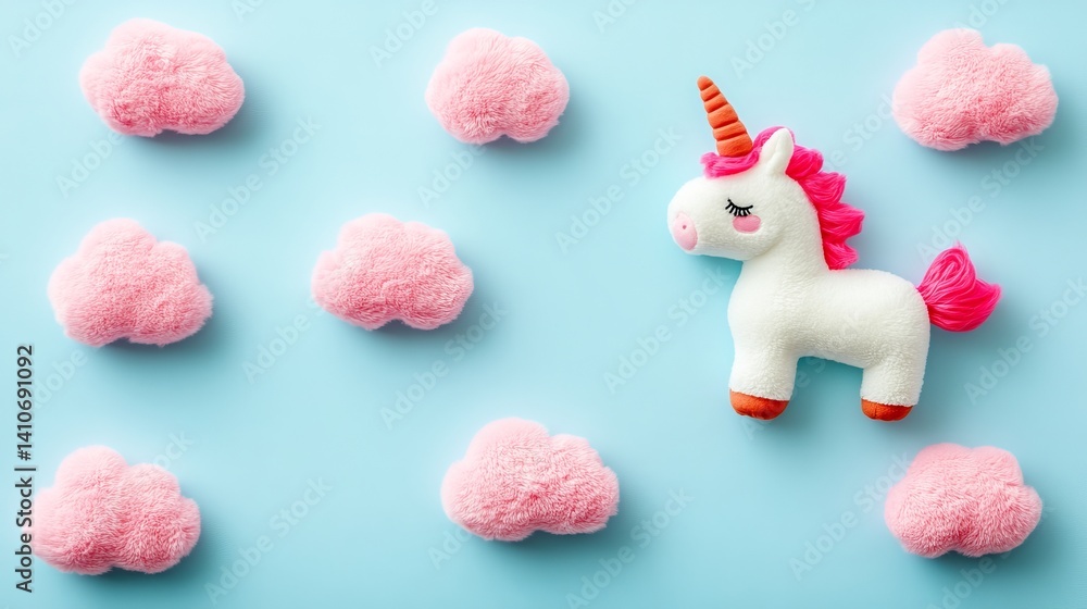 A Pink Toy Unicorn is Set Against a Light Blue Pastel Background with Pink Clouds and Copy Space A Pink Toy Unicorn is Set Against a Light Blue Pastel Background with Pink Clouds and Copy Space