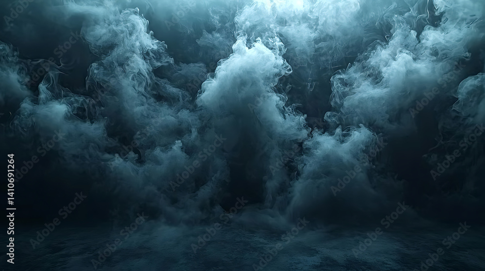 Ethereal smoky clouds fill a dark space illuminated with a bluish-green light creating a dramatic and mysterious atmosphere.