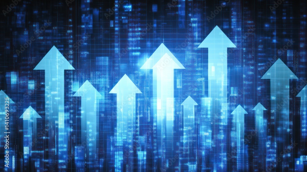 Upward trending arrows on a digital background. Growth and progress concept Upward trending arrows on a digital background. Growth and progress concept