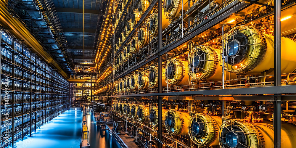 Obraz premium Rows of industrial machinery possibly turbines are stacked within a vast and complex technological infrastructure.