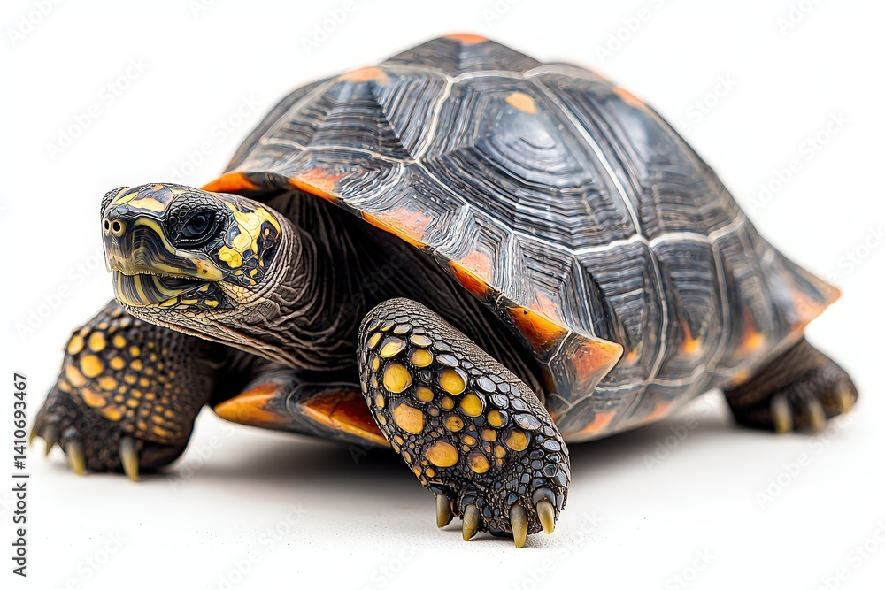 Obraz premium Vibrant tortoise closeup with colorful shell patterns on white background