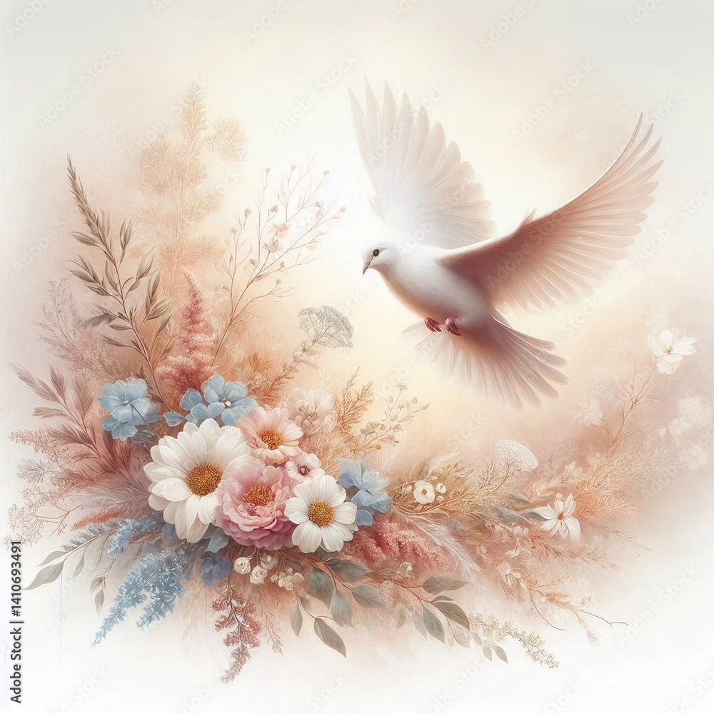 Obraz premium Ethereal white dove flying among pastel flowers in peaceful digital art style
