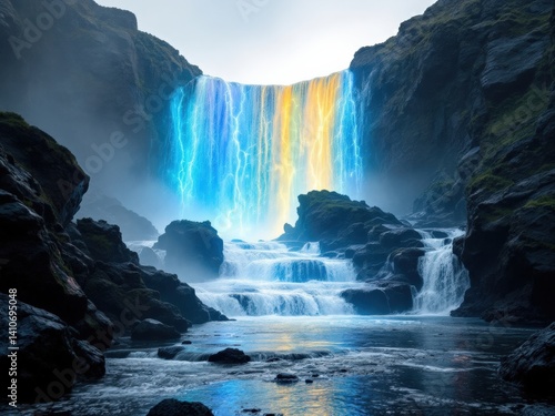 A breathtaking AI generated image of a waterfall imbued with vibrant blue and gold lightning energy cascading down dark rocks into a serene pool. The scene is mystical and awe inspiring