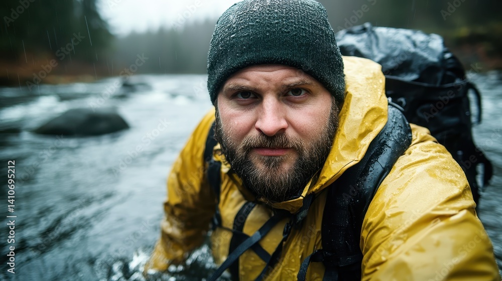 A rugged bearded man dressed in a yellow jacket is wading through a river, embodying resilience and adventure amidst nature's breathtaking backdrop. A rugged bearded man dressed in a yellow jacket is wading through a river, embodying resilience and adventure amidst nature's breathtaking backdrop.