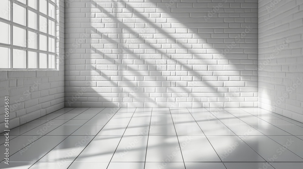 Obraz premium A white brick wall and floor are illuminated by sunlight, which casts window shadows, making it an ideal backdrop for online presentations, Zoom meetings, and banner images with copy space