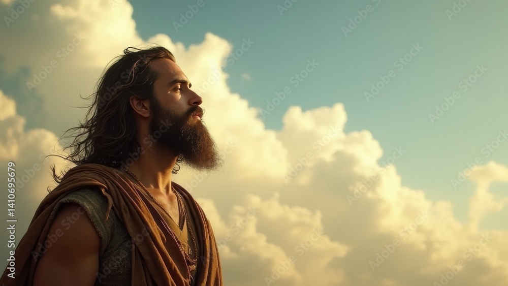 Bearded man with long hair is standing in front of a cloudy sky. He is looking up at the sky, possibly contemplating or meditating