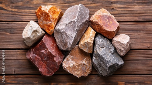 A variety of colorful stones beautifully arranged on a wooden surface, showcasing their distinct textures and colors, perfect for use in design or nature-themed projects.