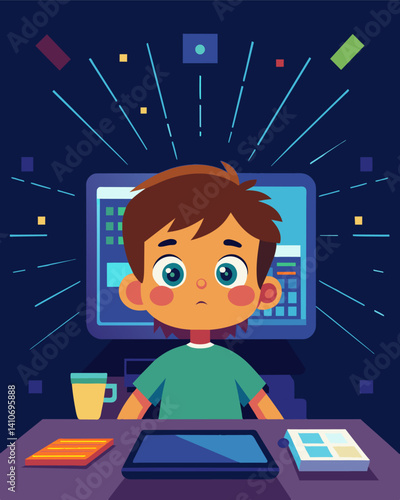 A childs face lit up in amazement as they witness their code come to life on a screen showcasing the power and potential of programming.. Vector illustration