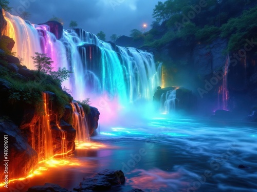 Wallpaper Mural A mesmerizing AI generated image depicting a waterfall at night illuminated with vibrant rainbow colors creating a magical and surreal atmosphere The water flows smoothly over rocks creating a stunnin Torontodigital.ca