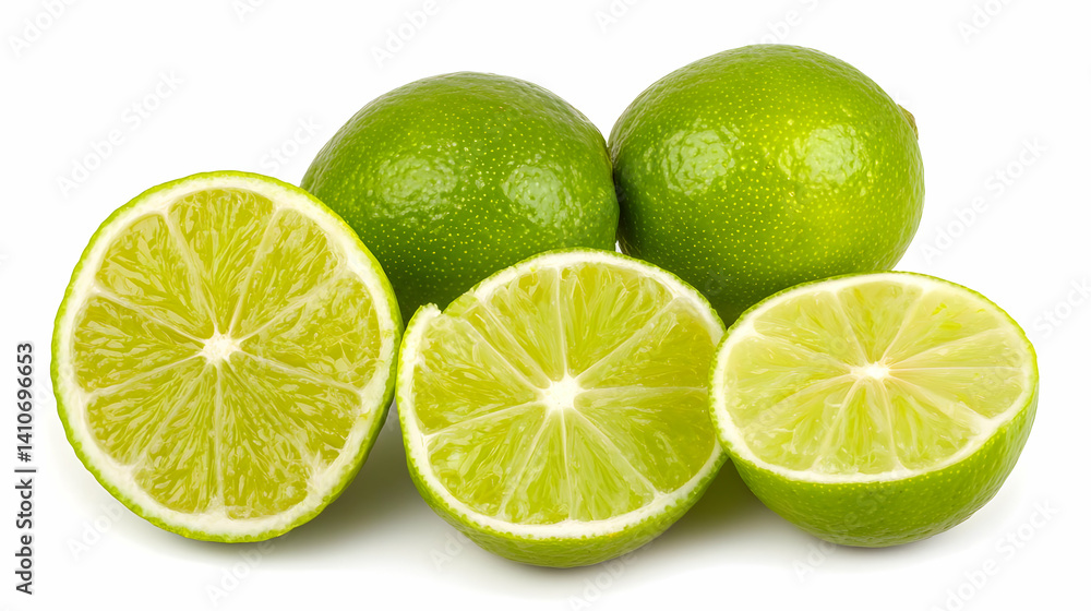 Fresh Limes And Slices On White Background Fresh Limes And Slices On White Background