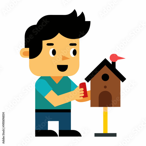 man with wavy black hair and toolbelt, fixing a birdhouse, kind expression, white background