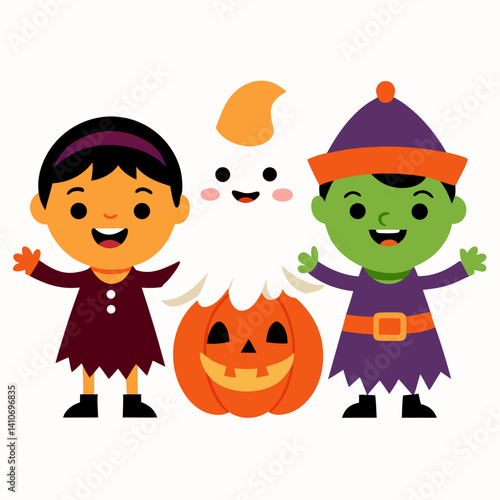 group of kids in Halloween costumes (ghost, witch, robot, pumpkin), excited expressions, white background