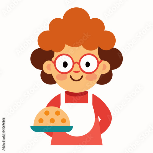 Cartoon character, woman with curly hair in a bun, glasses, joyful expression, wearing a chef apron and oven mitts, holding a tray of cookies, white background