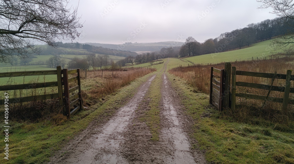 A muddy rural track between fields leads to rolling hills A muddy rural track between fields leads to rolling hills