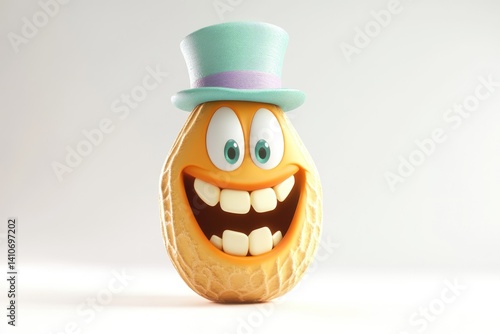 A cheerful cartoon peanut in a teal top hat grins widely, showcasing expressive features and a playful design.