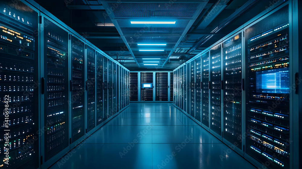 Modern Data Center Corridor With Glowing Blue Lights Modern Data Center Corridor With Glowing Blue Lights