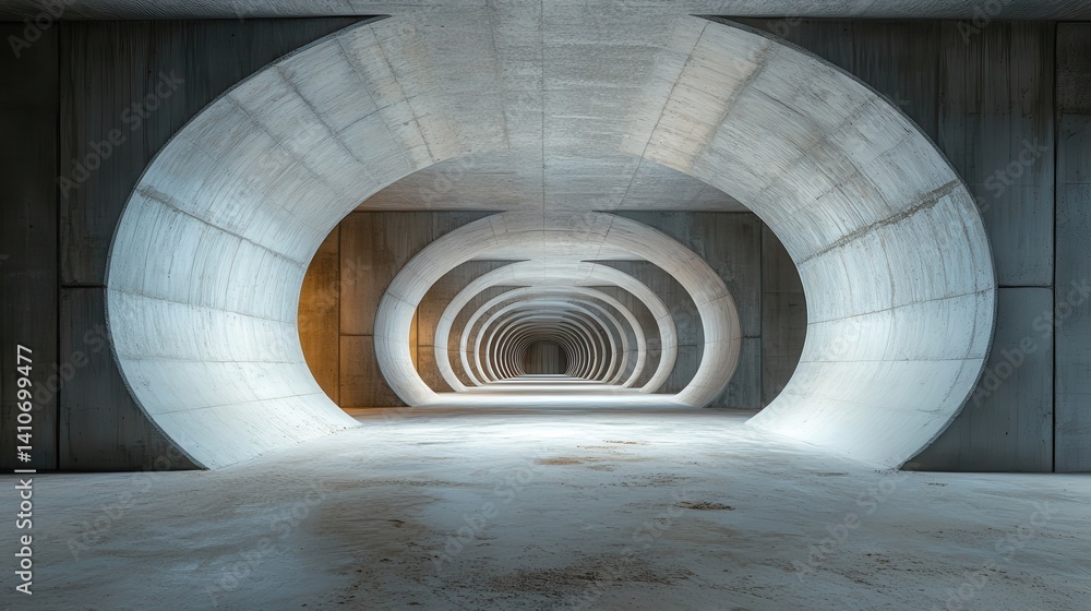 Fototapeta premium This compelling image features a cylindrical concrete tunnel, its abstract design emphasizing the interplay of light and shadow in a minimalistic environment.