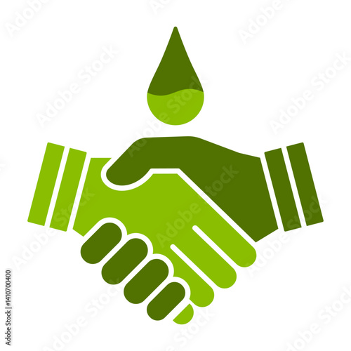 Eco handshake icon with water drop. Symbol of green partnership, environmental collaboration, sustainable cooperation, organic teamwork, and ecological responsibility in business.
