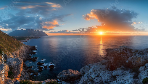 paradise sunrise sea landscape from coastline trail of zingaro nature reserve park between san vito lo capo and scopello trapani province sicily italy two shots stitch panorama