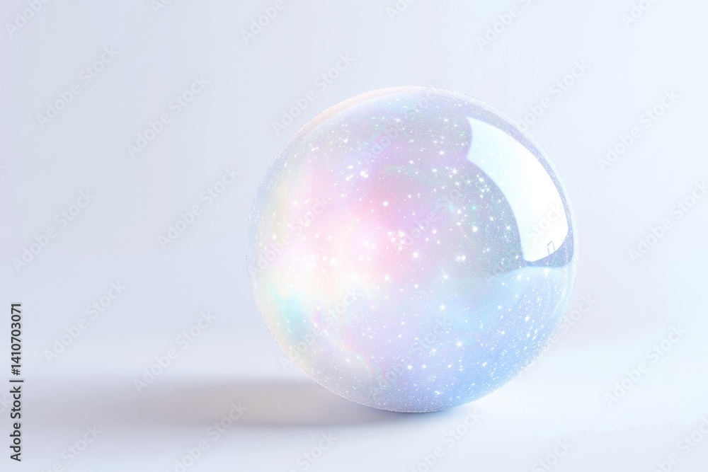 Obraz premium A iridescent, speckled egg-shaped orb rests on a pale background, evoking a celestial or dreamy atmosphere.